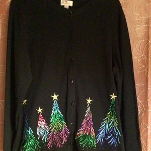 Quacker Factory Holiday Cardigan with Embroidery and Sequin Trees Black Size XL